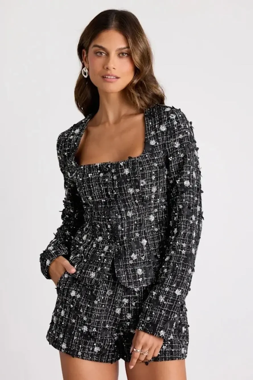 NWT Lulus Marcie Black Tweed Lurex Sequin Applique Blazer Large